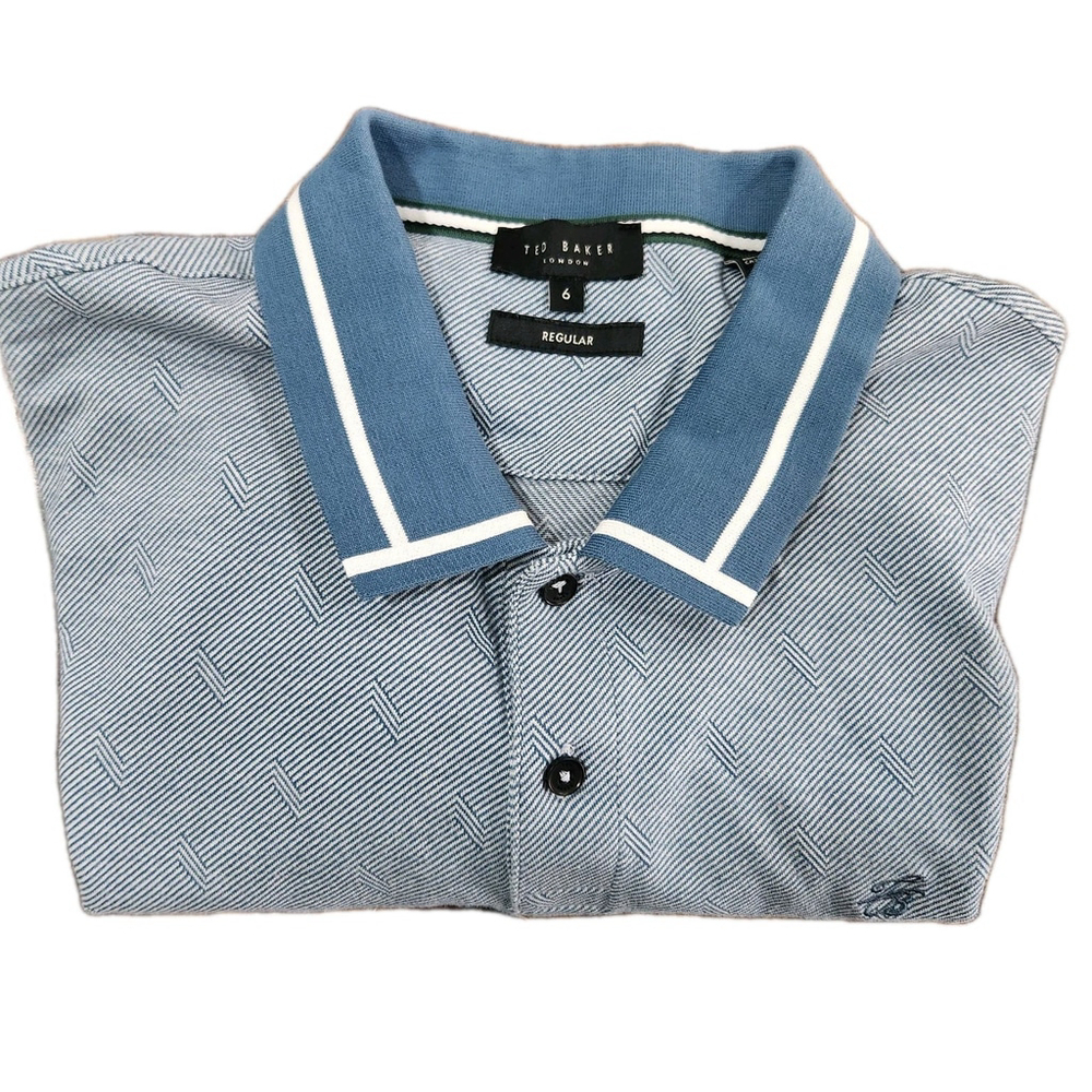 Ted Baker London Polo Mens Size 6 /2XL Blue/White Geometric Short Sleeve Logo